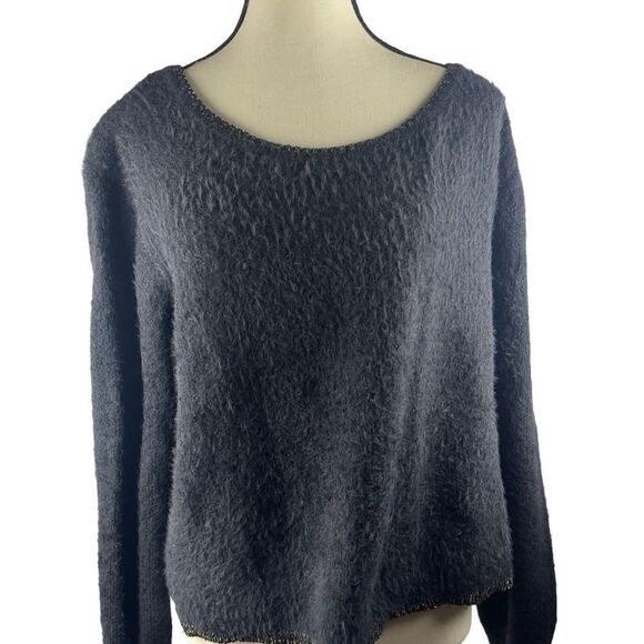 Gemo charcoal gray soft fuzzy sweater w gold metallic neck & /sleeve trim sz L - Picture 5 of 8